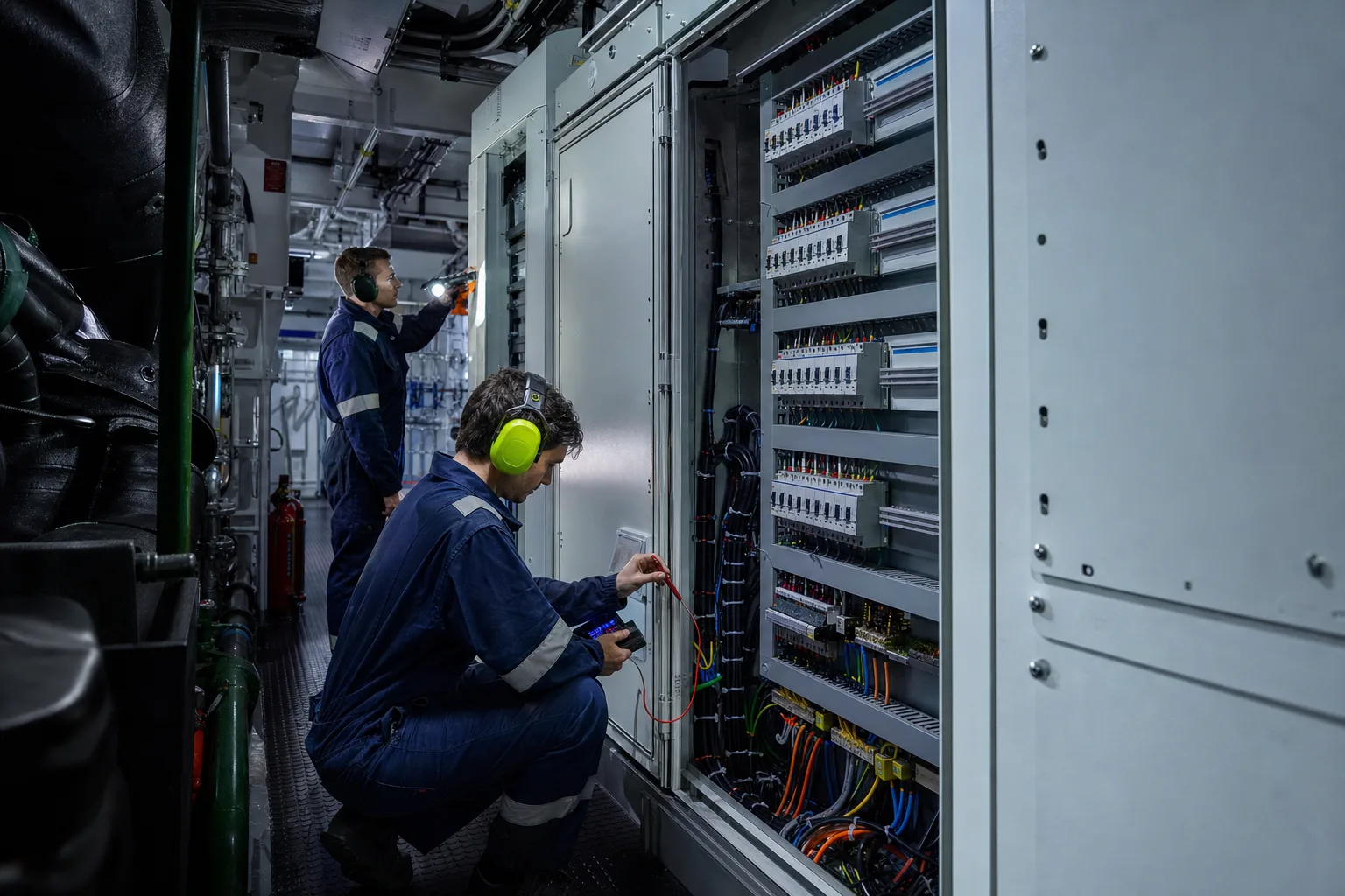A marine electrical switchboard with the door open showing labelled breakers and cabling